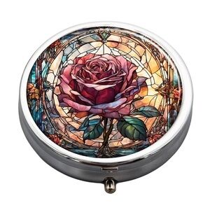 Rose Stained Glass Whimsical Multi-Use Mirrored Pill Box Container